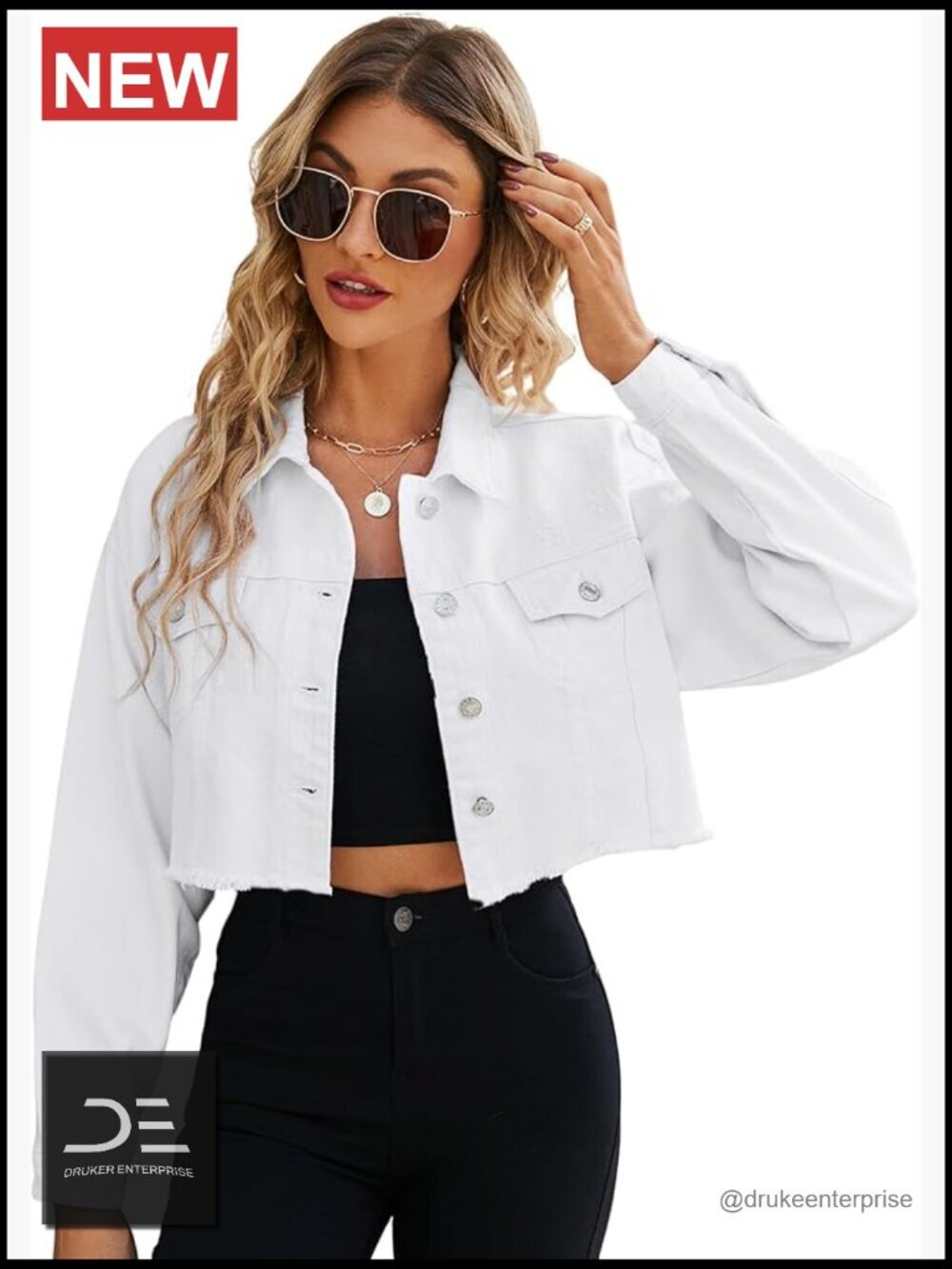 Cropped Denim Jacket Distressed Button-Down Long Sleeve Ripped Frayed Coat